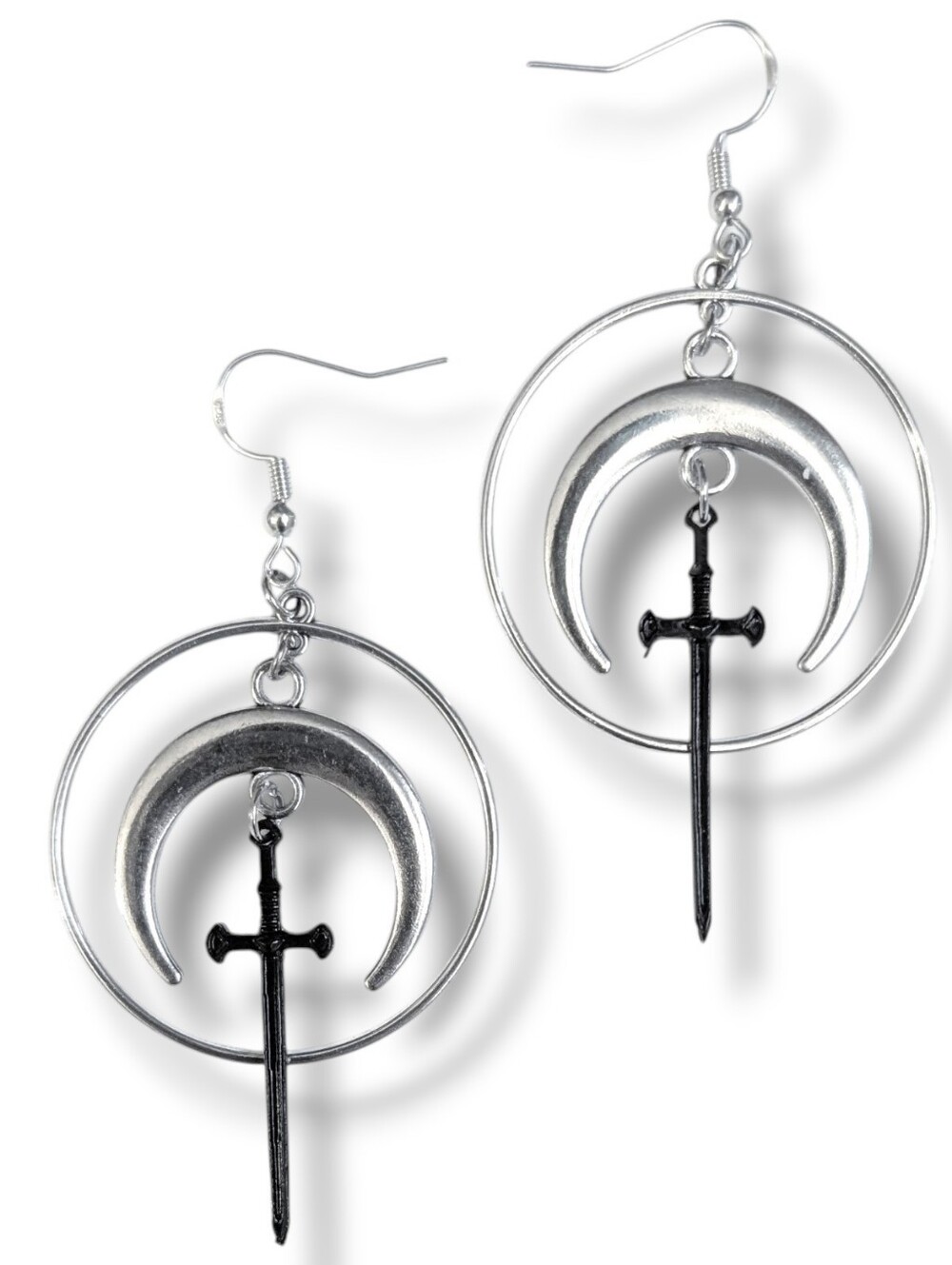 NWT Handmade Silver Crescent Moon Black Sword Hoop Layered Earrings